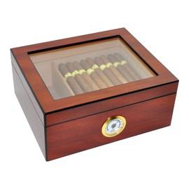 DUCIHBA Cigar Humidors Storage 25-50 Cigars Box, Tempered Glass Top Display, Handcraft Spanish Cedar Wood Cigar Case with Divider, Humidifier and Hygrometer, Gift for Man, Sapele Cherry