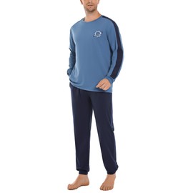 Crewhpo Men's Long Cotton Two-Piece Pyjamas with Crew Neck Plain Pyjamas Men Warm Sleepwear Long Sleeve Loungewear Winter S-XXL, blue, S