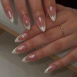 SXVME Uñas Francesas Con Punta Francesa Glaseada En Almendra, Uñas Francesas Cromadas Nude Para Mujer, Uñas Adhesivas Aurora De Longitud Media, Uñas A