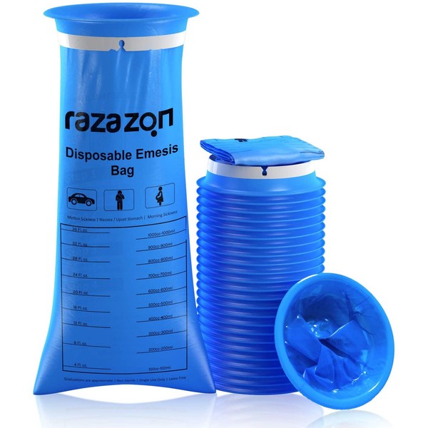 RAZAZON Vomit Bags Disposable 24 Pack - Emesis Bags for Bus, Car, Aircraft, Travel, Motion Sickness and Nausea Barf Bags