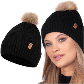 HEYO Women's Soft Winter Hat with Faux Fur Bobble Lightweight Bobble Hat Beanie Knitted Hat Lined Girls, black