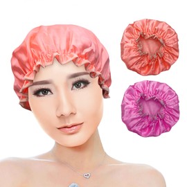Friendjia Pack of 2 Women's Shower Caps, Waterproof, Dustproof, Oil Resistant, Reusable Shower Cap with Elastic Band, Rose Pink Solid Pattern