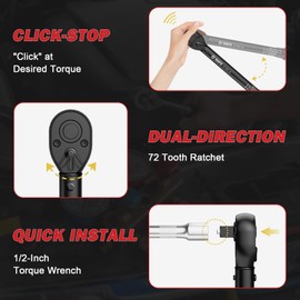 VANPO 1/2-inch Drive Click Torque Wrench,10-170 Ft-Lb/13.6-230.5 Nm, Adjustable Torque Wrench Set with 1/2" to 3/8" Adapter, 125mm Extension Bar, 72-Tooth Torque Wrench for Moto, Car Maintenance