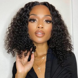 LUMIERE 16 Inch Curly Bob Human Hair Wig 13x4 HD Lace Frontal Human Hair Wig For Black Women Glueless Wig Easy Wear Ready To Go Pre Plucked 180% Density Small Knots Natural Black 16inch