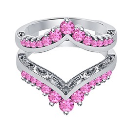 Dazzlingjewelrycollection Round Cut Pink Sapphire 14K White Gold Plated Classic Cathedral Wedding Band Guard Ring For Women's (7.5)