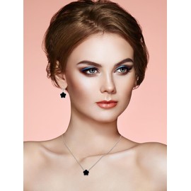 Qinpan Gold Plated Five Leaf Clover Necklace and Dangle Earrings Set for Women Lucky Flower Jewelry (Black-White Gold Plated)