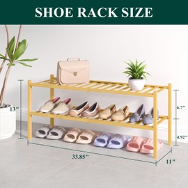 Smiry Bamboo Shoe Rack for Closet, 2 Tier Long Wooden Stackable Shoe Organizer, Free Standing Shoes Storage Shelf for Entryway, Front Door Entrance, Natural