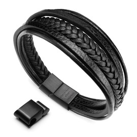 murtoo Mens Leather Bracelet with Clasp Cowhide Multi-Layer Braided Leather Mens Bracelet (Black Leather&Black Clasp&8.3)