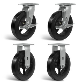 NINOSO Heavy Duty Casters, No Noise Rubber Wheel on Cast Iron, 8" Industrial Casters Set of 4 with Load Capacity 4400lbs (2 Brake & 2 Rigid)