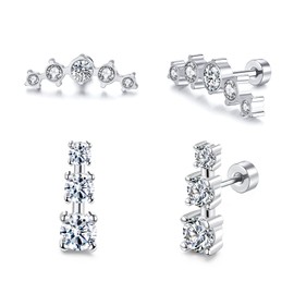 2 Pair Titanium Crawl Stud Earrings for Women, Silver Cubic Zirconia Cartilage Earrings Crawler Climbers Earrings