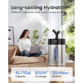 Feekaa Stainless Steel Humidifier Easy Clean, 1Gal/4L Cool Mist Humidifiers for Bedroom, Dishwasher Safe Humidifier Large Room, Humidifiers for Bedroom Baby Nursery Living Room Office, Black