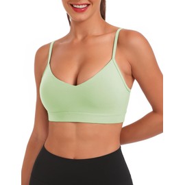 Buauty V Neck Sports Bra for Women, Padded Push up Women's Sport Bras Adjustable Thin Straps, Light Support Yoga Camisole Basic Top, Low Impact Spaghetti Strap Sport Racerback Bras Green XS