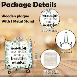 5’’ A Beautiful Day Begins With A Beautiful Mindset Wooden Plaque With 1 Metal Support - Inspirational Botanical Farmhouse Wood Sign For Friend Family - Tabletop Decor For Home Desk Office Shelf-A26