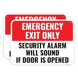 2PC Emergency Exit Only Sign, 14 x 10 Inches - Aluminum - Security Alarm Will Sound If Door Is Opened