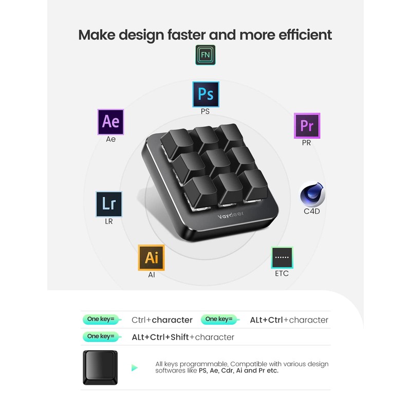 Vaydeer One-Handed Mechanical Keyboard Support NKRO, Hotkeys, One-Click Start,9 Fully