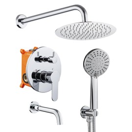 OUGOO Shower System with Tub Spout, 10 inch Rain Shower and Handheld, Shower Faucet Set Complete Rough-in Valve and Trim Kit Included, Chrome