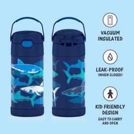 THERMOS FUNTAINER 12 Ounce Stainless Steel Vacuum Insulated Kids Straw Bottle, Sharks