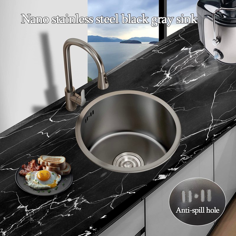 BIGYOUZI 12In Round Black Kitchen sink 304 Stainless Steel Countertop