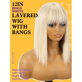 KOME Beige White Bob Wig with Bangs, Short Straight Hair Wigs for Women,Synthetic Heat Resistant Natural Looking Hair Wig for Party Cosplay Dality Use 12IN