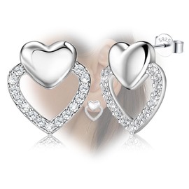 Silver Double Heart Stud Earrings - Sterling Silver Heart Zircon Earrings Cubic Zirconia Hypoallergenic Fashion Stud Earring for Women