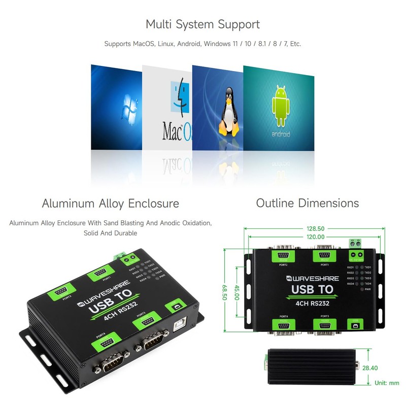 Waveshare Industrial Isolated USB to 4CH RS232 Converter (DB9 Male