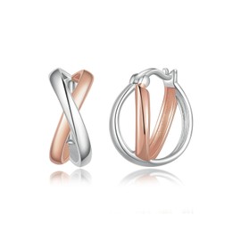 PHNIBIRD 925 Sterling Silver Earrings Rose Gold Hoop EarringsTwo-coloured X Symbol Hypoallergenic gifts for women(Rose gold)