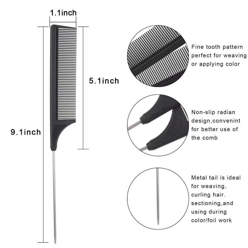 1 Pc Black Rat Tail Hair Comb Carbon Heat Resistant