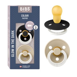 BIBS Colour Night Glow in The Dark Soother 2-Pack, BPA Free Dummy Pacifier, Made in Denmark, Size 3 (18+ Months), Black Glow/Vanilla Glow