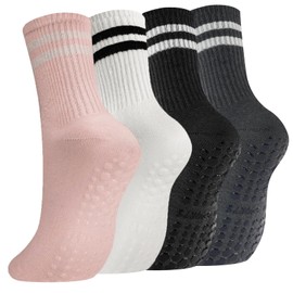 flintronic 4 Pairs Non-Slip Yoga Socks, Pilates Socks with Grips for women and men, Long Socks with Double Stripes, Sweat Absorption Cotton Full Toe Socks for Dance, Barre Ballet, Fitness, Home