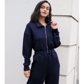 ELLENWELL Airy Essential Long Sleeve Wide Leg Jumpsuits Women Casual Zip Up One Piece Romper Pockets (Navyblue-S)