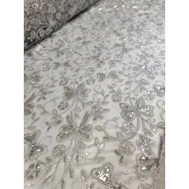 Divastyletextiles Butterfly Design Lace Sequins Embroidered Silver Fabric By The Yard For Dress