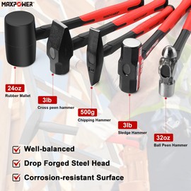 MAXPOWER 5PCS Hammer Set, 3LB Sledge Hammer, 3LB Cross Peen Hammer, 500g Chipping Hammer, 32oz Ball Peen Hammer, 24oz Rubber Mallet
