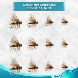 Feeder Creek Premium Elk Hair Caddis Flies | 12pc Fly Fishing Flies in 4 Sizes | Fly Fishing Assortment | Caddis Flies | Trout Flies | Dry Flies (Olive)