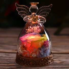 Aastin Angel Gifts for Women, Mom, Grandma, Preserved Real Rose in Glass Angel Figurine with LED Light, 1PSC Rose Gifts on Christmas, Birthday, Mother's Day, Valentine's Day (Rainbow)