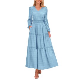 PRETTYGARDEN Women's Maxi Dress Casual Long Sleeve V Neck Smocked Waist Tiered Ruffle Flowy Cocktail Pocket Dresses (Light Blue,Small)