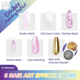 U-Shinein Ombre Gel Nail Polish Set,Colorful Painting Nail Gel with 50Pcs Nail Sponges & 4 Claws Metal Grabber for DIY Nail Art#12 Pearl White