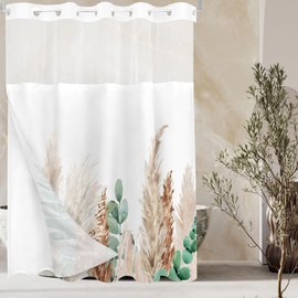 Tititex No Hooks Snap in Liner Dried Brown Pampas Grass Boho Leaves Shower Curtain Sets, Hotel Luxury Double Layers Waterproof Fabric & See-Through Top Window Bathroom Decorative 72x84 Inch