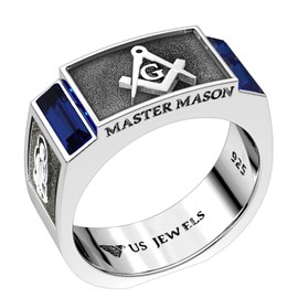 US Jewels Men's 925 Sterling Silver 8mm Blue Lodge Master Mason Synthetic Sapphire Ring Band, Size 12.5