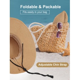 Sun Hats for Women, Oversize Wide Brim Straw Hat for Summer Travel Beach Foldable UV Protection with Wind Lanyard UPF 50+ Khaki
