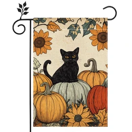 Fall Cat Pumpkin Garden Flag for Outside 12x18 Inch Double Sided Burlap Autumn Thanksgiving Leaves Sunflower Flowers Farmhouse Holiday Rustic Outdoor Yard Flag Home Decorations