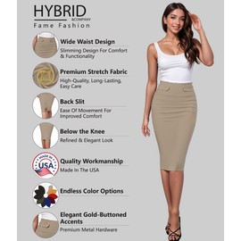 Hybrid & Company Womens Pencil Skirt Premium Nylon Ponte Stretch Office Made in The USA Below Knee Khaki