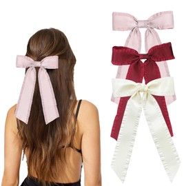 Bow Hair Clip - 3PCS Soft Creamy White Pink Cherry Red Hair Bow Clip - Big Hair Clip with Long Soft Silky Satin - Large French HairBow for Girls and Women