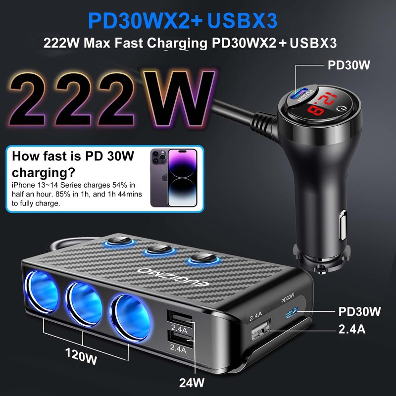 EUGIZMO Cigarette Lighter Adapter, 222W 3 Socket Car Cigarette Lighter