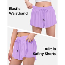 BOOPH - Pantalones cortos deportivos de mariposa para niñas, con bolsillos interiores, 2 en 1, para correr, tenis y deportes, Púrpura claro, 5-6 Años