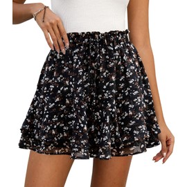 LOMMOJ Shorts for Women Summer Casual Chiffon Skorts Boho Ruffle Tennis Mini Skirts Black White Floral L