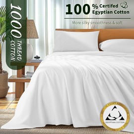 AiAngu 100% Egyptian Cotton King Size Sheets Set - Luxury 1000 High Thread Count Egyptian Cotton Bed Sheets 4 PC, Breathable & Cooling Sheets, 16" Deep Pocket(King,White)