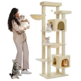 PETEPELA 69" Tall Cat Tree for Indoor Large Cats, Cat Tower for Adult Cats with Big Hammock [18.5''X15.3''], Cat Climbing Tree Tower with Scratching Posts, Condo House and Large Top Perch, Beige
