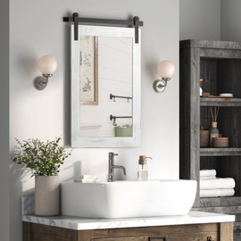 COGOOD Farmhouse Barn Door Mirror - 26" X 17" Rustic Wood Framed Wall Mirror for Bathroom, Living Room, Entryway Wall Decorative (White)