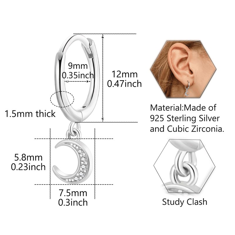 SILBERTALE Moon Dangle Hoop Earrings 925 Sterling Silver Cubic Zirconia