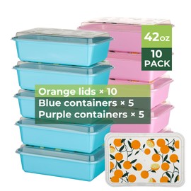 10 Pack 42 oz Meal Prep Containers, Reusable Plastic Food Prep Storage Containers with Printed Lids, Stackable, Leakproof, Microwave & Freezer & Dishwasher Safe,To Go Take Out Box, Orange